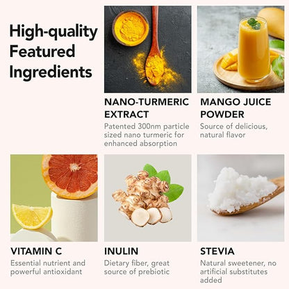 Nano Turmeric Curcumin Drink Powder Supplements–Mango Flavor Daily Morning Routine Immunity Wellness Shot, Gut Health & Joint Support - No Added Sugar, Vegan, Gluten-Free, Non-GMO,12 Sachets