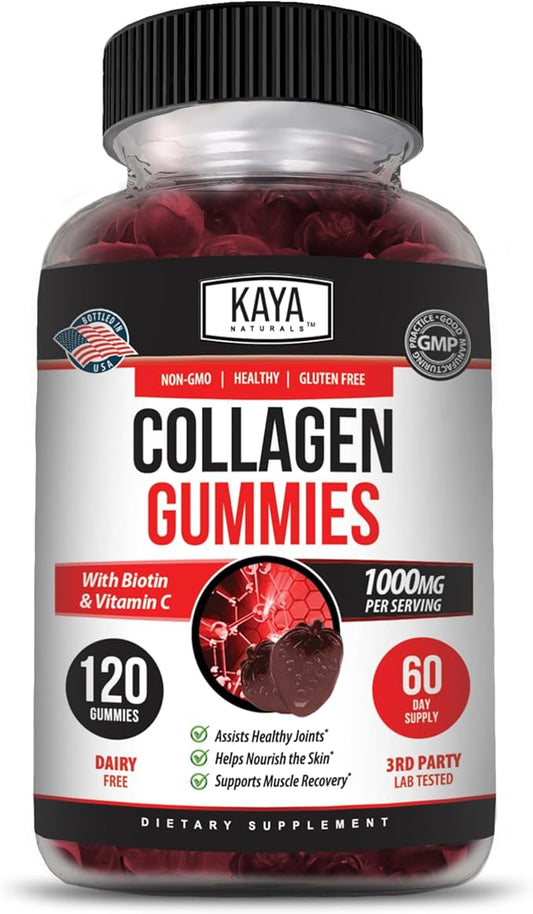 Kaya Naturals Collagen Gummy for Men & Women, 120 Count, 1000mg of Hydrolyzed Collagen, Vitamin C, Selenium & Biotin, Collagen/Strawberry Flavor (120 Gummies)