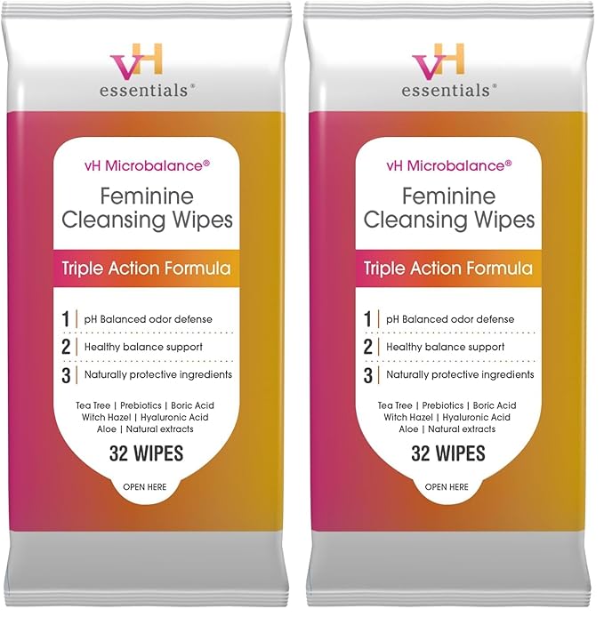 vH essentials Feminine Cleansing Wipes - pH Balanced, Prebiotics, Tea Tree & Aloe, Soothing Witch Hazel, Odor-Blocking Formula, Vaginal and Perianal Care, Paraben, Alcohol, and Fragrance-Free
