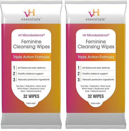 vH essentials Feminine Cleansing Wipes - pH Balanced, Prebiotics, Tea Tree & Aloe, Soothing Witch Hazel, Odor-Blocking Formula, Vaginal and Perianal Care, Paraben, Alcohol, and Fragrance-Free
