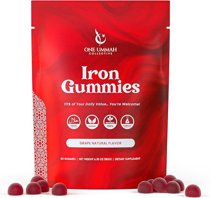 Halal Certified Iron Gummies - Vegan Iron 20mg Gummy Supplement with Vitamin C - Non-Constipation, High Absorption, & Accurate Dosing - 60 Count, Tasty Berry Flavor