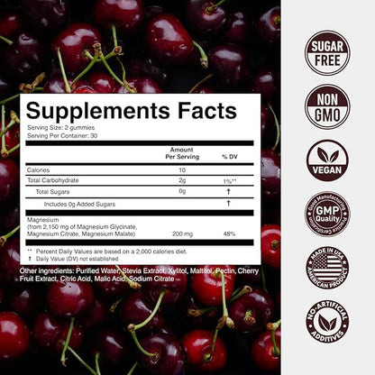 Magnesium Glycinate 2150 MG Gummies, High Absorption Magnesium Glycinate, Citrate & Malate, Sugar-Free, Vegan, Chews for Men & Women, 60 Gummies, Cherry Flavor, Pack of 2