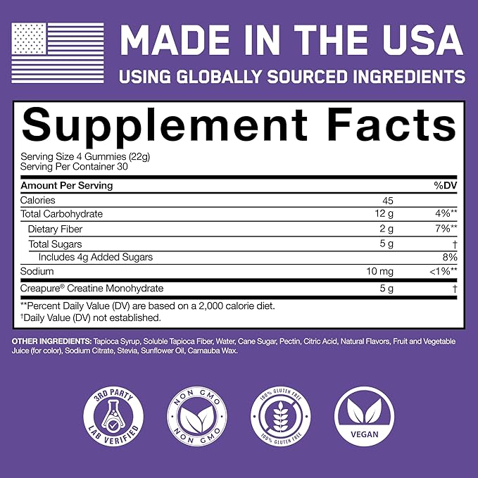 SteelFit Creapure Creatine Monohydrate Gummies for Men & Women, Concord Grape - Gym Workout Nutritional Supplements for Muscle Gain, Brain Health & Strength Building Dietary Supplement, 120 Gummies