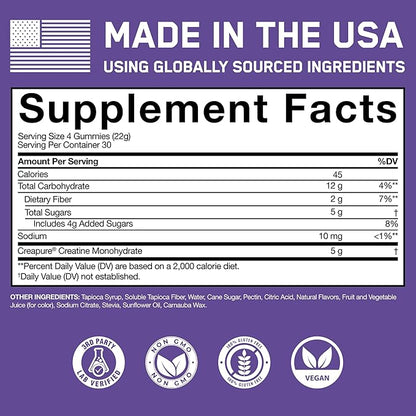 SteelFit Creapure Creatine Monohydrate Gummies for Men & Women, Concord Grape - Gym Workout Nutritional Supplements for Muscle Gain, Brain Health & Strength Building Dietary Supplement, 120 Gummies