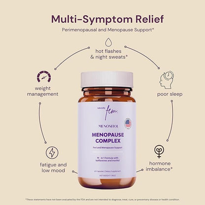 Inositol FEM Menositol 19-in-1 60Caps, Perimenopause & Menopause Supplements for Women Weight Loss with Myo-Inositol, D-chiro and Isoflavones, Control Metabolic Health, 100% Natural, Hormone, SoyFree
