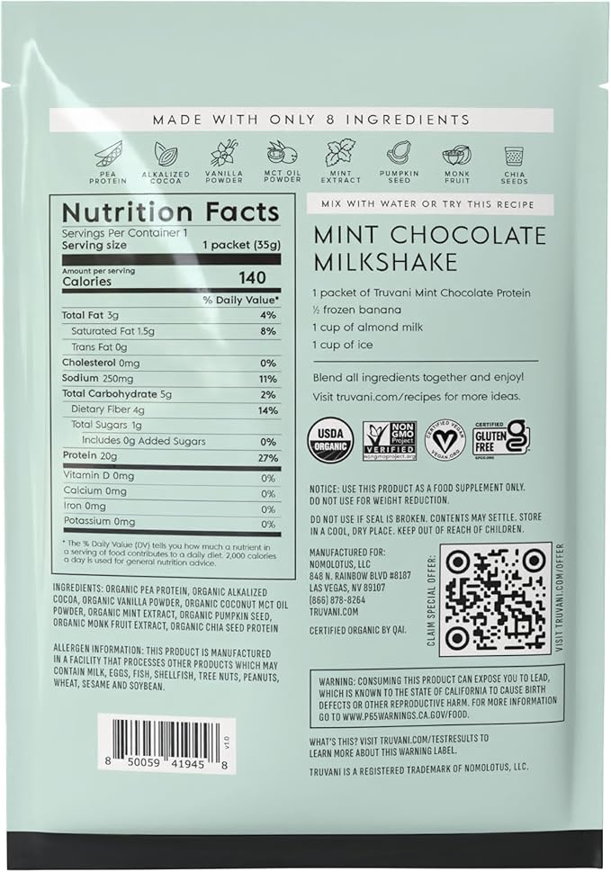 Truvani Vegan Pea Protein Powder | Mint Chocolate | 20g Organic Plant Based Protein | 1 Serving | Keto | Gluten & Dairy Free | Low Carb | No Added Sugar