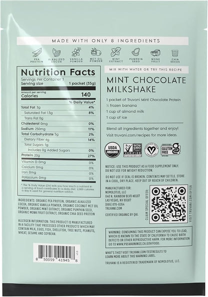 Truvani Vegan Pea Protein Powder | Mint Chocolate | 20g Organic Plant Based Protein | 1 Serving | Keto | Gluten & Dairy Free | Low Carb | No Added Sugar