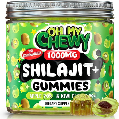 OH MY CHEWY Pure Himalayan Shilajit Gummies - High Potency Gold Grade Resin - Energy Boost and Immune Support for Men and Women with Ashwagandha and Shatavari - 120 Gummy - Apple & Kiwi