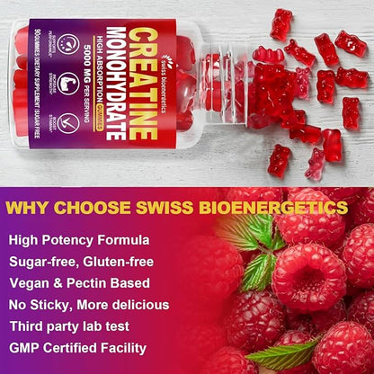 Creatine Monohydrate Gummies Infused with 5g Creatine for Men and Women, Chewable Creatine Monohydrate for Muscle Strength, Muscle Builder, Energy Boost, Pre-Workout Supplement- 180 Raspberry Gummies