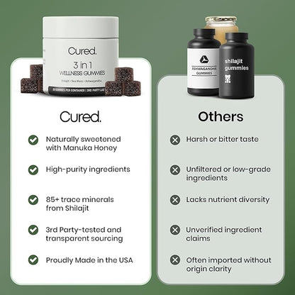 Cured 3 in 1 - Pure Himalayan Shilajit Gummies for Men & Women | Sea Moss Ashwagandha, & Manuka Honey Organic with 85+ Trace Minerals | All-Natural & 100% Vegan | Non-GMO | Made in America