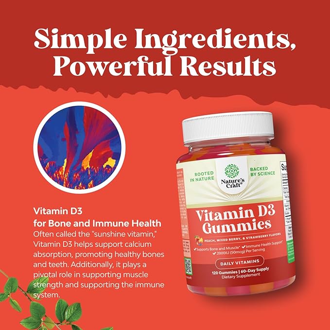 Natures Craft Vitamin D3 Gummies for Daily Wellness - Delicious Vitamin D Gummies for Adults with D3 2000IU per Serving Bone Muscle & Immune Support - Non-GMO Gelatin & Gluten Free - 120 Count