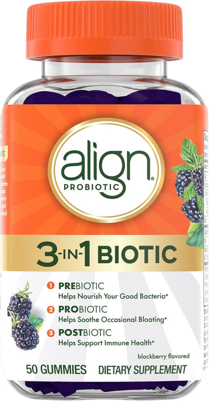 Align Probiotic,3-in-1 Biotic Gummies,Pre + Pro + Postbiotic,#1 Doctor Recommended-Probiotic Brand‡,Helps Relieve Occasional Bloating*,BlackBerry Flavor,50 Gummies,(Pack of 2)