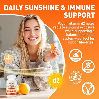 duwhot Vitamin D2 Gummies 2000 IU, Plant-Based D2 Vitamin Supplement from Whole Mushroom, Immune Support, Daily Sunshine Supply，Vegan, Non-GMO, Orange, 120