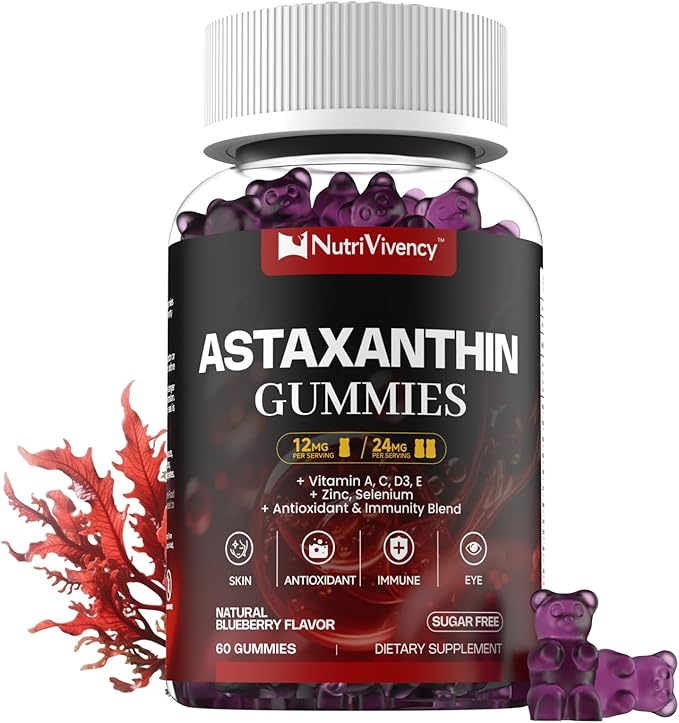 Astaxanthin Gummies, 12mg Per Gummy 24mg Max, Astaxanthin Supplements with Vitamin A/C/D/E, Resveratrol, 14-IN-1 Antioxidants Blend for Women Men, Skin, Eyes, Immune Support, Sugar Free, Vegan, 60 Ct