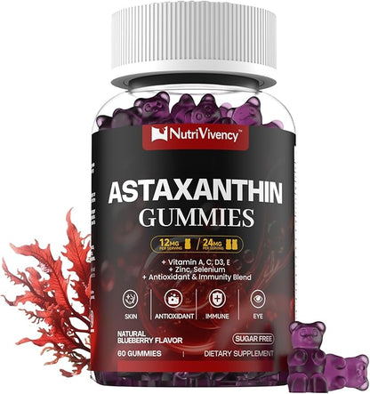 Astaxanthin Gummies, 12mg Per Gummy 24mg Max, Astaxanthin Supplements with Vitamin A/C/D/E, Resveratrol, 14-IN-1 Antioxidants Blend for Women Men, Skin, Eyes, Immune Support, Sugar Free, Vegan, 60 Ct