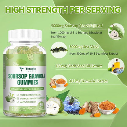 Totaria (2 Packs) Sugar Free Soursop Oil Graviola Sea Moss Gummies - Support Digestive Sleep Skin Health, Immunity & Antioxidant - Guanabana Fruit with Sea Moss, 150mg Black Seed Oil Non-GMO Vegan