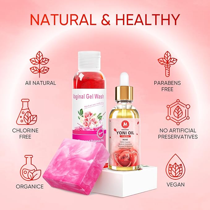 Feminine Wash & Yoni Soap Bar & Yoni Oil Ph Balance Feminine Wash, Yoni Wash for Vaginal Moisturizer Remove Odor, 3.53OZ Yoni Bar 5.07 Fl.Oz Vaginal Wash & 1 Fl.Oz Yoni Oil, Rose Scent