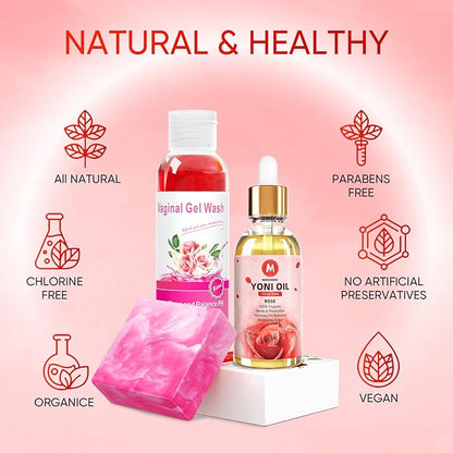 Feminine Wash & Yoni Soap Bar & Yoni Oil Ph Balance Feminine Wash, Yoni Wash for Vaginal Moisturizer Remove Odor, 3.53OZ Yoni Bar 5.07 Fl.Oz Vaginal Wash & 1 Fl.Oz Yoni Oil, Rose Scent