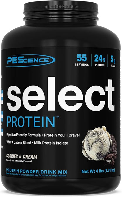 PEScience Select Protein Powder, Whey and Casein Blend, Lean Protein Powder for Women and Men, Low Calorie, Low Carb, Keto Friendly, Gluten Free, Cookies and Cream - 55 Servings