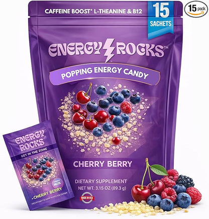 Caffeine Candy – Popping Energy Candy Crystals,100mg Caffeine L-Theanine & B12, – Fast Energy, No Drink Needed – Coffee Alternative 15-Pack (Cherry Berry)