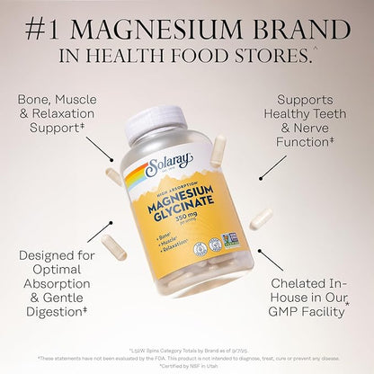 SOLARAY Magnesium Glycinate Capsules, Chelated Magnesium Bisglycinate w/BioPerine, Higher Absorption Magnesium Supplement - Bones, Muscles, Heart Support, Vegan (30 Servings, 120 VegCaps)