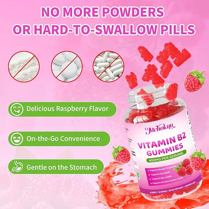 Vitamin B2 Gummies 400mg – Riboflavin Supplement with Magnesium for Kids & Adults | Supports Nervous System & Energy Production | Sugar Free, Vegan, Non-GMO, Raspberry Flavor - 60 Count