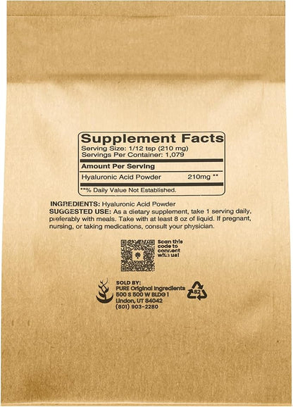 PURE ORIGINAL INGREDIENTS Hyaluronic Acid (8 oz) Water Soluble, Fine Powder