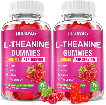 L-Theanine Gummies 400mg, L-Theanine Supplement for Kids & Adults with Ashwagandha, GABA, 5HTP for Calm, Zzz & Relaxation Support, Raspberry Flavor, 120 Counts