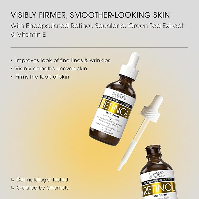 Advanced Clinicals Retinol Serum For Face | Visible Anti Aging Retinol Serum Skin Care Face Moisturizer With Vitamin E Helps Improve Look Of Wrinkles, Fine Lines, & Uneven Skin Tone, 1.75 Fl Oz