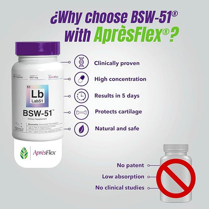 Boswellia Serrata AprèsFlex® Advanced Joint Support – BSW-51 with Hyaluronic Acid, Type II Collagen & Piperine – 30 Capsules, 860 mg Each – Supports Mobility, Flexibility & Cartilage Health