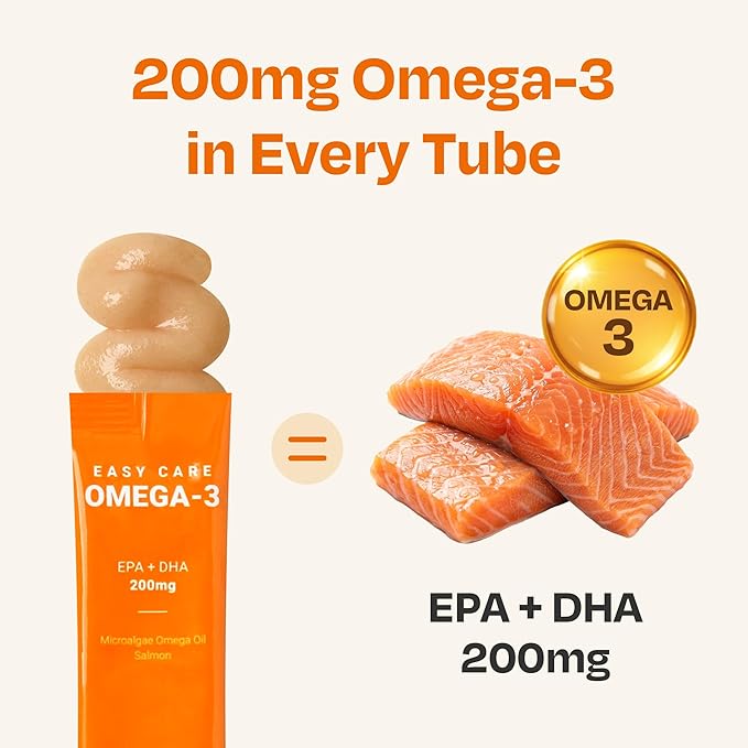 Cat Omega 3 Supplement – Lickable with EPA & DHA for Skin and Coat, Immune & Joint Support – Daily for Cats, Salmon Flavor, 30 Tubes
