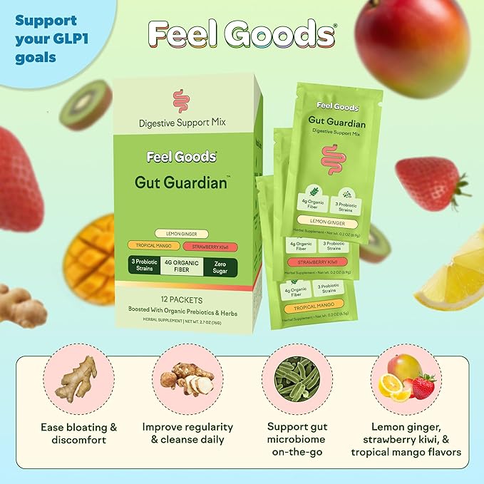 Feel Goods Gut Guardian, Digestive Health Powder Packets - Probiotic Fiber Powder with Prebiotics & L Glutamine for Gut Health, Bloating Relief & Digestion Support - Zero Sugar & Organic Flavor