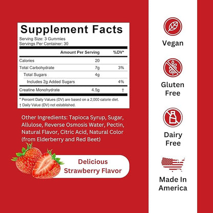 Creatine Monohydrate Gummies - 1.5g of Creatine Per Gummy - Build Muscle, Recover Faster, Enhance Cognition - Strawberry Flavor - 90ct