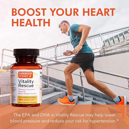 Vitality Rescue Omega 3 with Turmeric Curcumin Supplement, Fish Oil DHA EPA with BioPerine & CurcuWin 46X Absorption, Supports Joint, Muscle, Heart & Brain Health, 30 Capsules