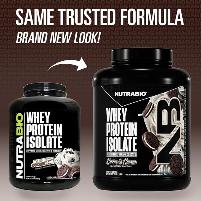 NutraBio 100% Whey Protein Isolate Protein Powder, 25g Protein with Complete Amino Acid Profile, Soy and Gluten Free, Low Carb and Low Calorie Whey Protein Powder, Cookies & Cream, 5 Lbs.