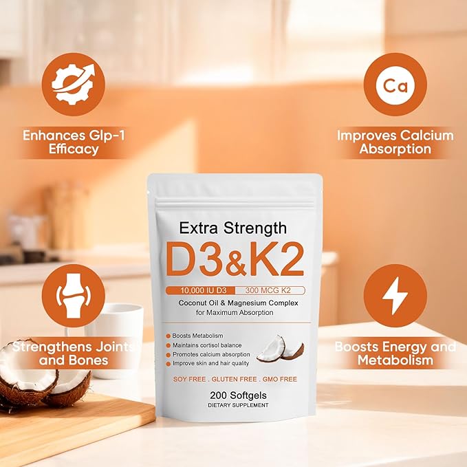 Vitamin D3 K2 Magnesium Complex, Extra Strength D3 & K2 with Triple Magnesium Softgels, D3 + K2 (Mk-7) | Support Bone & Immune | Improve Energy | Non-GMO, 200 Softgels (1) (1)