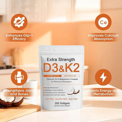 Vitamin D3 K2 Magnesium Complex, Extra Strength D3 & K2 with Triple Magnesium Softgels, D3 + K2 (Mk-7) | Support Bone & Immune | Improve Energy | Non-GMO, 200 Softgels (1) (1)