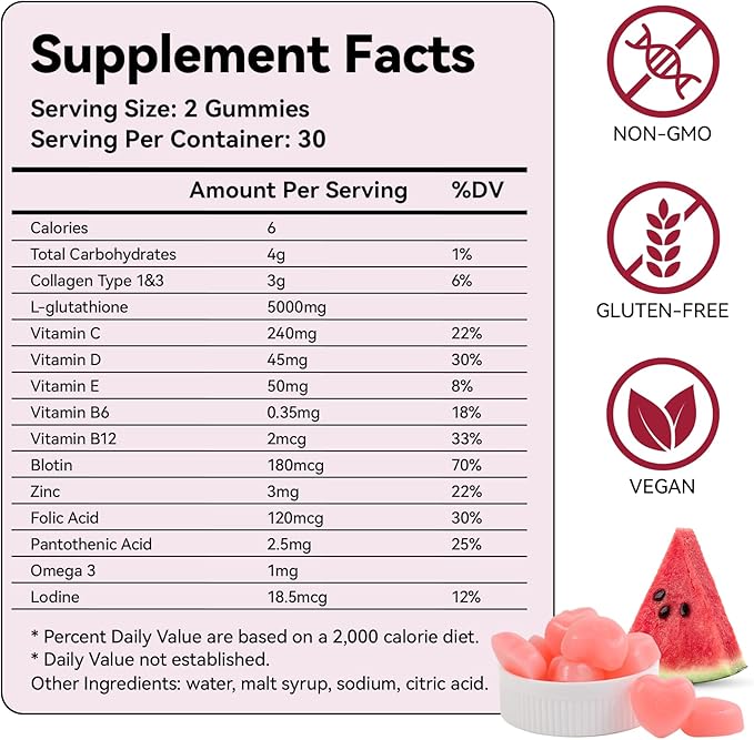 Laicuherb Glow Gummies for Women Skin & Nails Care, 60 Count Watermelon Flavor Collagen Glowing Skin Gummies for Skin Brightening, Organic Chewable Vitamins, Vegan, Gluten-Free