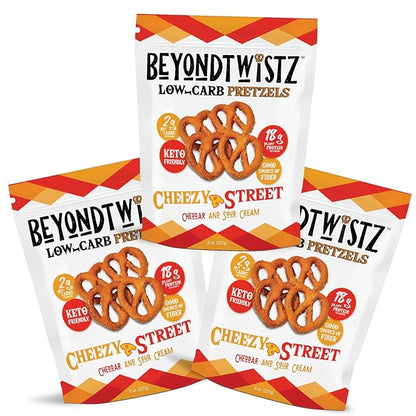 BeyondTwistz Low Carb Pretzels, Cheezy Street, Keto Friendly, 2g Net Carbs, 18g Protein, Powered By HealthSense® High Fiber Wheat Flour, Family Size 8oz Bag, Pack of 3