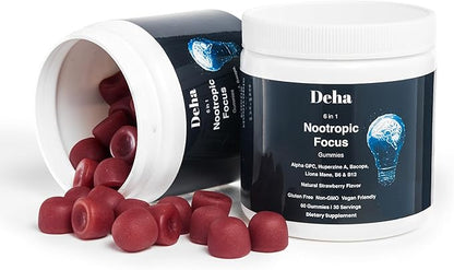 Deha Focus Gummies Nootropic Brain Supplement with Vitamin B6 Vitamin B12, Alpha GPC, Huperzine A, Bacopa Monnieri, Lions Mane Mushroom Gummies – Vegan, Non-GMO, Gluten-Free – 60 Gummies