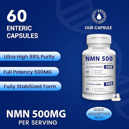NMN 500mg Per Serving Maximum Strength - 99% Pure NMN (Nicotinamide Mononucleotide) for NAD, Cell, Immune, Energy, Anti-Aging & Longevity, Stabilized NMN Supplements 500mg - 60 Veggie Capsules