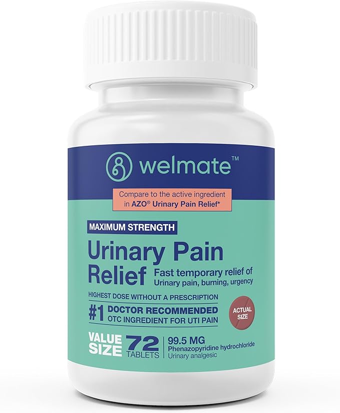 WELMATE Urinary Pain UTI Relief Maximum Strength (Phenazopyridine HCL) - Improve Urinary Tract Health & Bladder Control, Urgency, & Discomfort | Over-The-Counter Medication for Men & Women (72 Pills)