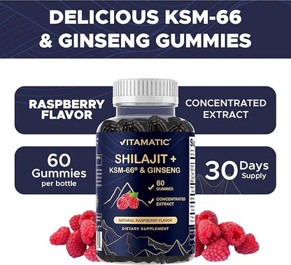 Vitamatic Shilajit with KSM-66® Ashwagandha & Ginseng Extract Gummies – Natural Raspberry Flavor – 60 Vegan Gummies - Made in USA