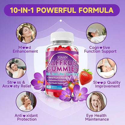 Saffron Supplements for Kids & Adults, 10 in 1 Saffron Gummies 88.5mg Saffron Extract with Ashwagandha, L-Theanine for Calm, Zzz, Antioxidant, Sugar-Free/Organic, Strawberry Flavor 120 Count