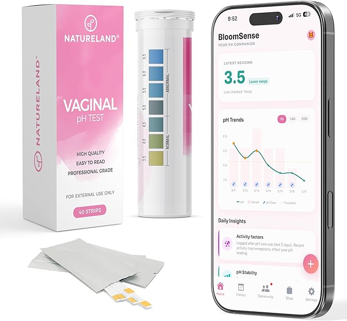 NATURELAND Vaginal pH Test Strips for Women – At-Home BV and Yeast Infection Test Kit, with BloomSense App, Accurate 3.5-6.5 Range, Foil-Sealed (40 Strips)