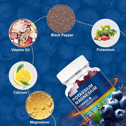 Potassium Magnesium Gummies - Magnesium Glycinate B6,D3 & Potassium Citrate for Leg Cramps,Muscle,Electroyte for Adults Kids,Sugar-Free - 60 Blueberry Gummies