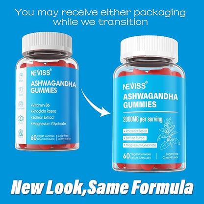 Ashwagandha Gummies, Magnesium Glycinate Gummies 2000mg for Adults, Vitamin B6, Zinc, Rhodiola Rosea, Lemon Balm, Relaxation Support, Natural Zzz, Brain, Muscle, Stamina, Energy, Sugar Free