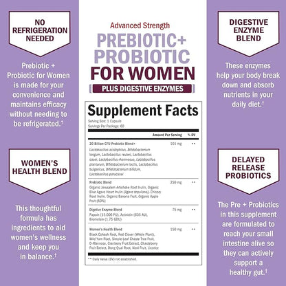 Prebiotics and Probiotics for Women - with Black Cohosh and Red Clover for Gut, Vaginal and Immune Health Support, Whole Food Digestive Enzymes Capsules, Lactobacillus Probiotic Supplement, 60 Count