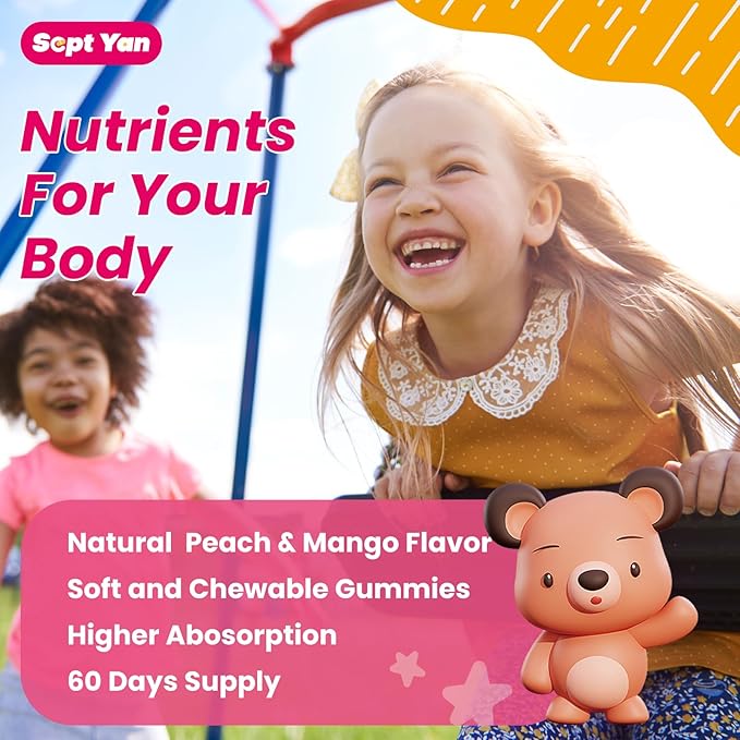 Kids Magnesium Gummies, Magnesium Glycinate Gummies for Kids & Adults with Citrate, L-Theanine, Chamomile, Vitamin B6 for Sleep, Relaxation, Brain & Muscle, Sugar Free Peach & Mango 60ct