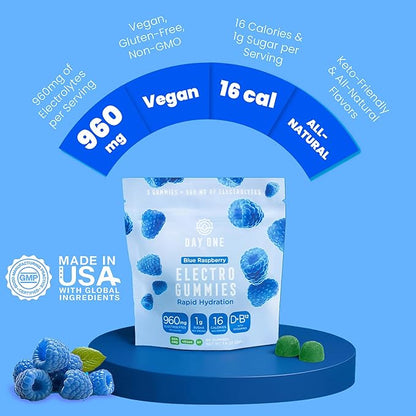 Day One Electrogummies - 60pcs of Blue Raspberry Flavored Electrolyte Gummies for Hydration and Recovery - Packed with Essential Electrolytes Ideal for Workouts, Running, Hiking and More